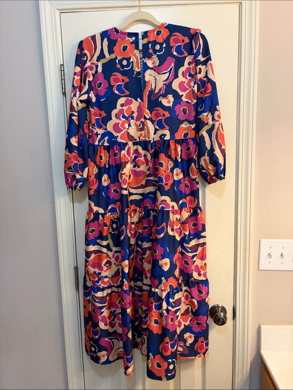 Smocked Bodice Maxi Dress in Navy with Pink & Orange Floral - Picture 2 of 9